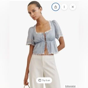 Reformation Margot Blue and White Striped Lace Blouse Top